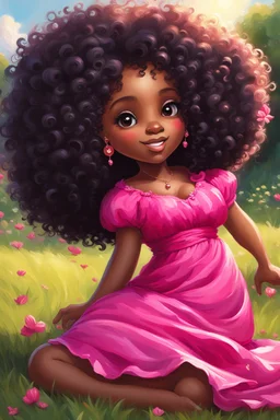 An expressive oil painting image of a chibi black cartoon of a curvaceous woman with flowing of tight curly afro of black hair that's highly detailed, wearing a hot pink maxi dress. She sits relaxed on the grass facing the warm sunlight, which illuminates her face as she looks to the side with a small smile, accentuating her prominent makeup and brown eyes. with green and hot pink roses all around