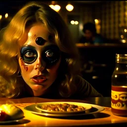 Spooky, ultra realistic distress, dining, ultra realistic hot woman, nose, giant eye on a table, organic hot bondes, dynamic, anguish, excited and lively scene, hypermaximalist figures, Creepy the Ring Alfred Hitchcock, Sam Raimi, insanely detailed, sinister, John Carpenter, Dario Argento, ornate