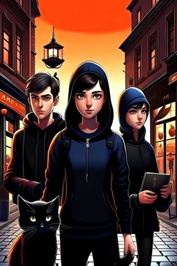 Design a book cover for fantasy criminal story. One teenage girl and two boys are on the town street. Black Cat as a company. The book is for teenagers. Modern style. Bakery in the background