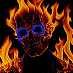 Ultra detailed fullbody Portrait in oil on canvas of GhostRider on fire ,extremely detailed digital painting, extremely detailed face,crystal clear eyes, mystical colors ,perfectly centered image, perfect composition, rim light, beautiful lighting,masterpiece,8k, stunning scene, raytracing, anatomically correct, in the style of Steve Jung and robert e howard and Wizyakuza and Ohrai Noriyoshi and Simon Bisley and uncannyknack.