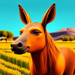 Convertir foto en caricatura grotesca conservando la misma imágen, de pie en prado, añadir orejas de burro grandes, cuerpo completo, hiperdetallado obra de arte, arte gráfica 2d colores contrastantes, fondo naranja degradado coherente, 4k