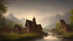 Looking across a fast-flowing dangerous river to a village of new wooden houses, school, church and farm buildings, and mountains in the far distance, highly detailed, realistic, sunshine, RTX