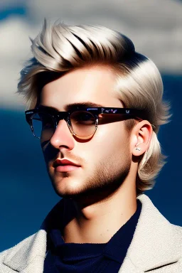 Young attractive male, blonde hair, slight beard, clear glasses, cinematic, depth of field, blue eyes, leather jacket, happy