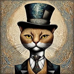 pronounced modern mosaic textures, Enhanced modern surrealism, weirdcore Siamese cyclops cat in a top hat contrivance, unregulated absurdity, by Desmond Morris and Yves Tanguy, mind-bending neo-surrealist image, surreal mosaic art