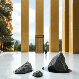 Un'immagine di un paesaggio naturale con marmi gialli imponenti accanto a strutture artificiali verticali e alberi. Queste strutture sembrano blocchi rettangolari riflettenti, come colonne di vetro, che creano un contrasto tra il naturale e l'artificiale. Gabbia brutalista si erge solitaria. Persona osserva. Pavimento di marmo bianco con venature. Magma liquido nero. La scena trasmette un senso di sospensione e dialogo tra elementi organici. Dettagli degli specchi e delle rocce molto accentuati.