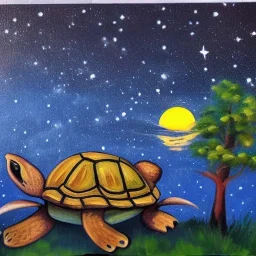 Oil painting turtle and moon and starry sky