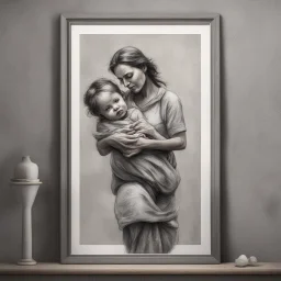 Hyper Realistic framed sketch of a mother carrying her child on a grey texture wall