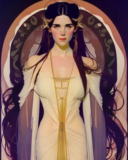 art by alfons mucha, full body image of 25-year old Jennifer Connelly