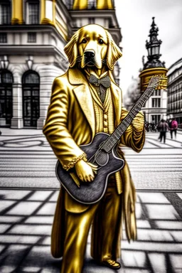 One single mature golden retriever, historic clothes, playing guitar in the street , Vienna, friendly, model style, hyper realistic, extremely accurate, delicate, extremely detailed, Graphic novel style, wide-angle, open aperture, superfine pencil