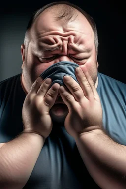 Fat man crying with a mask on