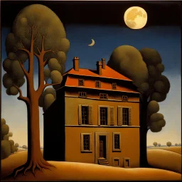 A lone house with trees and a moon René Magritte Max Ernst pointillism decal bas-relief expressionism