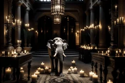 interior patio of a large house illuminated at night with candles and candelabras and in the middle of the patio an elephant, cinematogrphic image