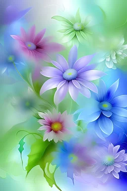 Floral fantasy on the theme of Spring, composition, bouquet of flowers, a delicate rainbow of delicate pastel flowers, the most delicate pastel colors, blue, all shades of green, lilac, pink, light tones very soft blue color, long delicate stems, leaves, thin lines very soft color , beautiful, close-up, 1024k, tender sensuality.