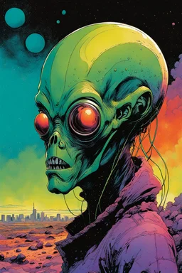 create an imaginative hybrid female alien camera being, filming an apocalyptic void of chaos, in the comic book art style of Bill Sienkiewicz, Mike Mignola, and Jean Giraud Moebius, finely textured, drawn, colored, and inked