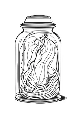 ghost stuck in the jar idea, line art, background, vector, svg, black outline on white background, leave plenty of white space beetween lines for coloring, tattoo style, tattoo idea,full body, minimalist