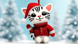 cute chibi cat shaped hanging Xmas tree ornament wearing red knitted pullover with zebra on it in sunshine, snowcapped xmas tree