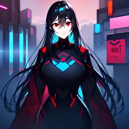 Cyberpunk girl with black hair, red eyes and scars on her face