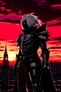 Vampire, knight plate armor, shining silver withblack trim, pointed helmet, crimson half-cape, standing on a rooftop facing towards a sunset in the background