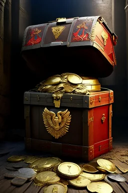 in a LARGE BASEMENT, half-buried in the earth, an ancient, worn-out, worn-out, torn-side valise peeks out, from which gold coins from the time of Catherine the Great fall out. The ancient coat of arms of Russia, the double-headed eagle, is BARELY VISIBLE on the bag. There are a lot of broken bricks and earth around the bag. All in high quality 8K