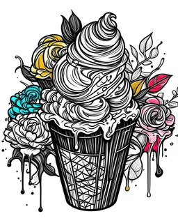 line sketch of ice cream half colored and half in black and white with flowers, vibrant colors, melting ice cream,