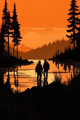 drawing Two silhuet hikers walking on a track near a lake in the forest, in a mountaion setting in sunset. the edge of the picture made with small outdoor related drawing.