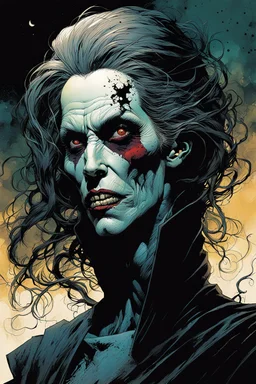 create a terrifying, ethereal, otherworldly gaunt and withered ancient female Bruxa vampire , in the comic book art style of Mike Mignola, Bill Sienkiewicz, John Romita Jr., Leonardo Romero, Simone D'ARMINI, and Jean Giraud Moebius, with highly detailed and sharply defined feminine facial features , finely penciled and inked , dramatic natural lighting