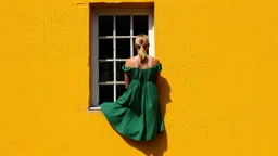 A lone figure of a young woman, seen from behind, sits in a window frame. She is wearing a flowing green dress and her blonde hair is pulled back. The window is set into a textured, bright yellow wall. A strong shadow, cast by an unseen object, stretches diagonally across the lower left portion of the wall, contrasting with the vibrant yellow. The interior of the window is dark, with a hint of a reflection or interior structure visible in the panes. The overall mood is serene and contemplative,