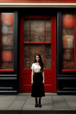 Photorealistic image of a young woman with dark hair, in a black ankle length skirt, boots and shirt, standing outside an old magic shop front with large red painted multi-paned picture windows on either side of a multi-paned doorway.
