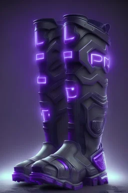 Very detailed, realistic, futuristic video game cyber boots. Light in weight. Dark purple and black, with light purple lights. And a logo the letters P, L, A, Y, R, in that order. Make it look as authentic and as high res as possible.