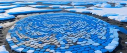 An indigo snow covered tundra made out of ice cream near a frozen lake designed in ancient Roman mosaics