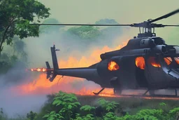 helicopter burning in the jungle the Panter is watching on fire