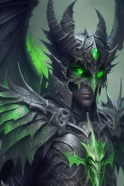 Demonio hermoso con armadura verde con negro y alas verdes viendo a los ojos a un caballero de armadura negra que está frente a el