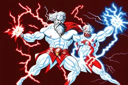 A detailed illustration of Zeus holding two lightnings in front of himself. One lightning is red and the other one is white. He is moving them together and there are flashes of lightning exploding from his powerfull move. The lightning is in the shape of half the letter Z. The red half is the top half, the white half is the bottom half. Zeus is wearing a red cape, has powerfull facial expresion, has white beard and long white hair with a gold Zeuz, greek, like crown. Lightning in the back.