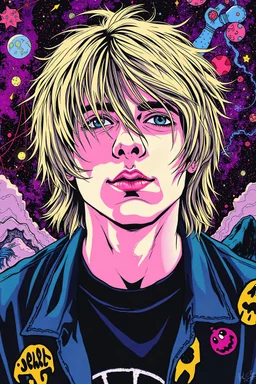 A vibrant illustration of a psychedelic , 𝙘𝙤𝙨𝙢𝙞𝙘 𝙝𝙤𝙧𝙧𝙤𝙧 and Nirvana band,kurt cobain with messy hair , the image by Reiko ikemura and junji ito.