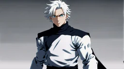 Satoru Gojo is a young guy white hair blue eyes black turtleneck without arms white loose pants in a defensive pose