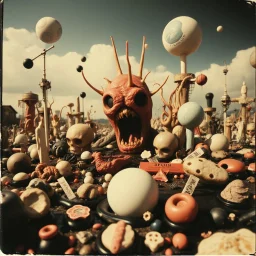 Photography polaroid close-up of a monster landscape with many objects in Yves Tanguy incomprehensible style, Surrealism, glossy, organic, creepy, strong texture, fiotti di liquido nero, horror, panic, obsessive, hypnotic