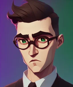 Fit man in round glasses, wavy hair, stubble,no beard, slim, tie, monotone, green eyes, comic book style, two tone colours, detailed, ink, realistic, handsome, square jaw, big brows, no jacket, bird on the shoulder, spotlight