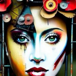 an abstract painting oil in canvas of rusted metal and flowers, Geisha portrait, rust, scaffolding, iron cladding, decay, mixed media, textured, anatomically correct, beautiful perfect face, sharp focus, highly detailed, BladeRunner movie poster, masterpiece, realistic, intricate detail, sci-fi fantasy style, volumetric lighting, particles, highly detailed ,cinamatic , deep colours, 8k, by Gustav Klimt , signed YAK