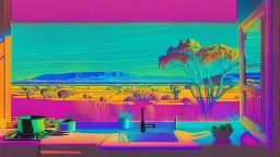 in neon artistic style, a view of an australian sunny peaceful landscape outside kitchen window