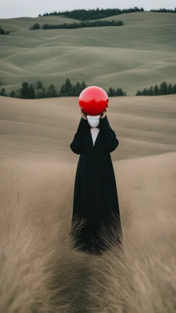 a no face woman with mask standing in a field holding red ball, inspired by Ren Hang, design milk, long black hair, whites, wanderers traveling from afar, trending on artisation, cloning spell, coat pleats, in twin peaks, submarine, by Helen Thomas Dranga, symetry, round-cropped, noire photo