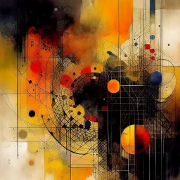 Trending on Midjourney, Lovecraftian precise geometries dreamsdefined by (N(t)=N0​⋅e−kt), Surreal abstract art style by Stephen Gammell and Wassily Kandinsky and Ray Johnson, warm colors, sinister, whispering offsetting circles, unsettling, asymmetric geometric abstractions, creepy, nullsets