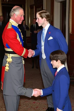 The Prince of Wales in traditional dress shakes hands with a young guest dressed in a blue suit, drawing room of St James's Palace, during a reception