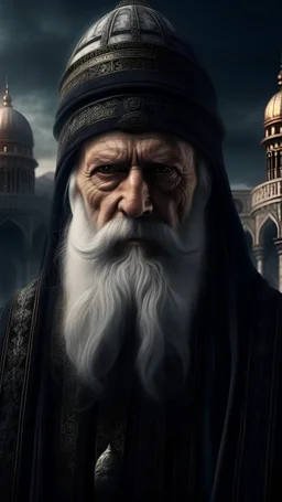 Full HD,8K,Islamic,Luxury,Beautiful,Gigantic,Fantasy World,Clear View,old face,scary like a witch,,white beard,one blind eye,Accurate Details,Black Robe,Headdress,Background,palace