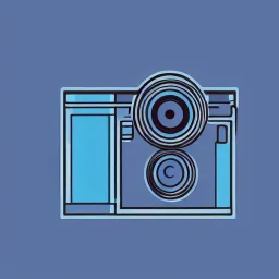 full view, flattened vector image icon of a camera with a dark blue and light blue color palette, transparent background.