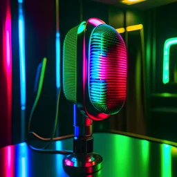 neon microphone placed on a mirror