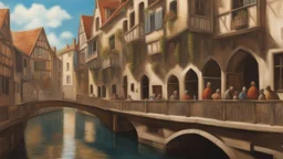 medieval buildings with balconies overhanging a canal, blue sky and people, photorealism, trees, piers, fantastical, intricate detail, people, ultra-sharp image