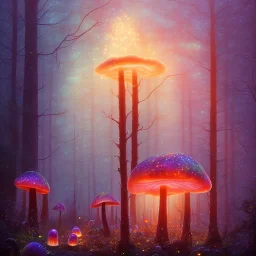 gouache painting, a nightly dark foggy forest with dozens of randomly placed and coloured ( iridescent bioluminiscent translucent ) mushrooms, fireflies, realistic, sharp focus, 8k, hd, dof, insanely detailed, intricate, elegant, volumetric lighting, volumetric clouds, backlight, soft glowing colors, curvature shader