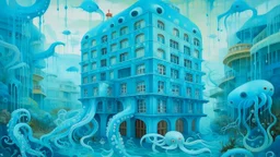A blue underwater squid themed hospital painted by Qiu Ying