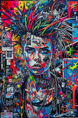 Ultra detailed medium portrait painting of chaos showing anxiety , no air, tight, torn up punk poster, broken circuitry background, matrix effects, punk visual art, punk art aesthetic, graffiti art, pop surrealism, collage art, cluttered paint glitches