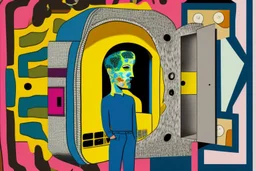 man with head inside a Hole in the wall bank machine in the style of Eileen Agar